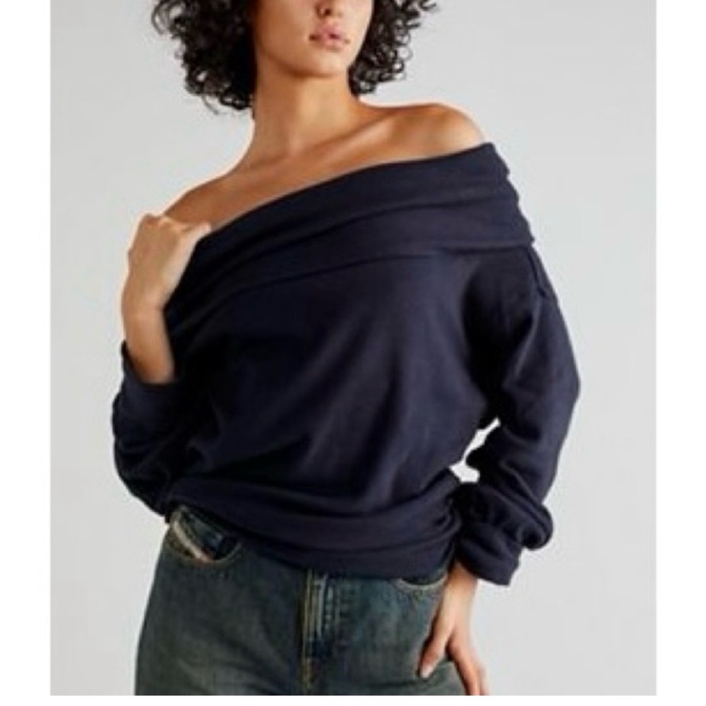 We The Free Off-the-Shoulder Navy Pullover Sweater